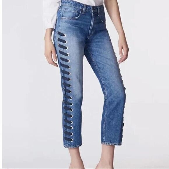 Veronica Beard Ines Girlfriend Lace Up High Rise denim jeans stone blue Size 26 - Picture 2 of 8